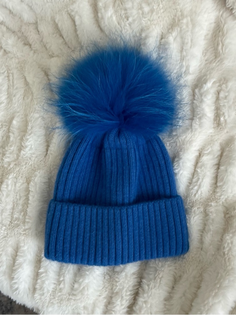 Linda Richards Blue Ribbed Pom-Pom Beanie Hat